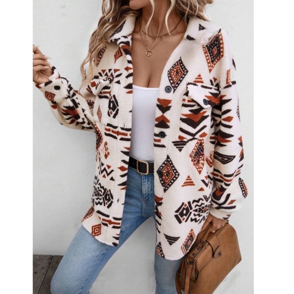 Boho Aztec Print Teddy Button Up Jackst